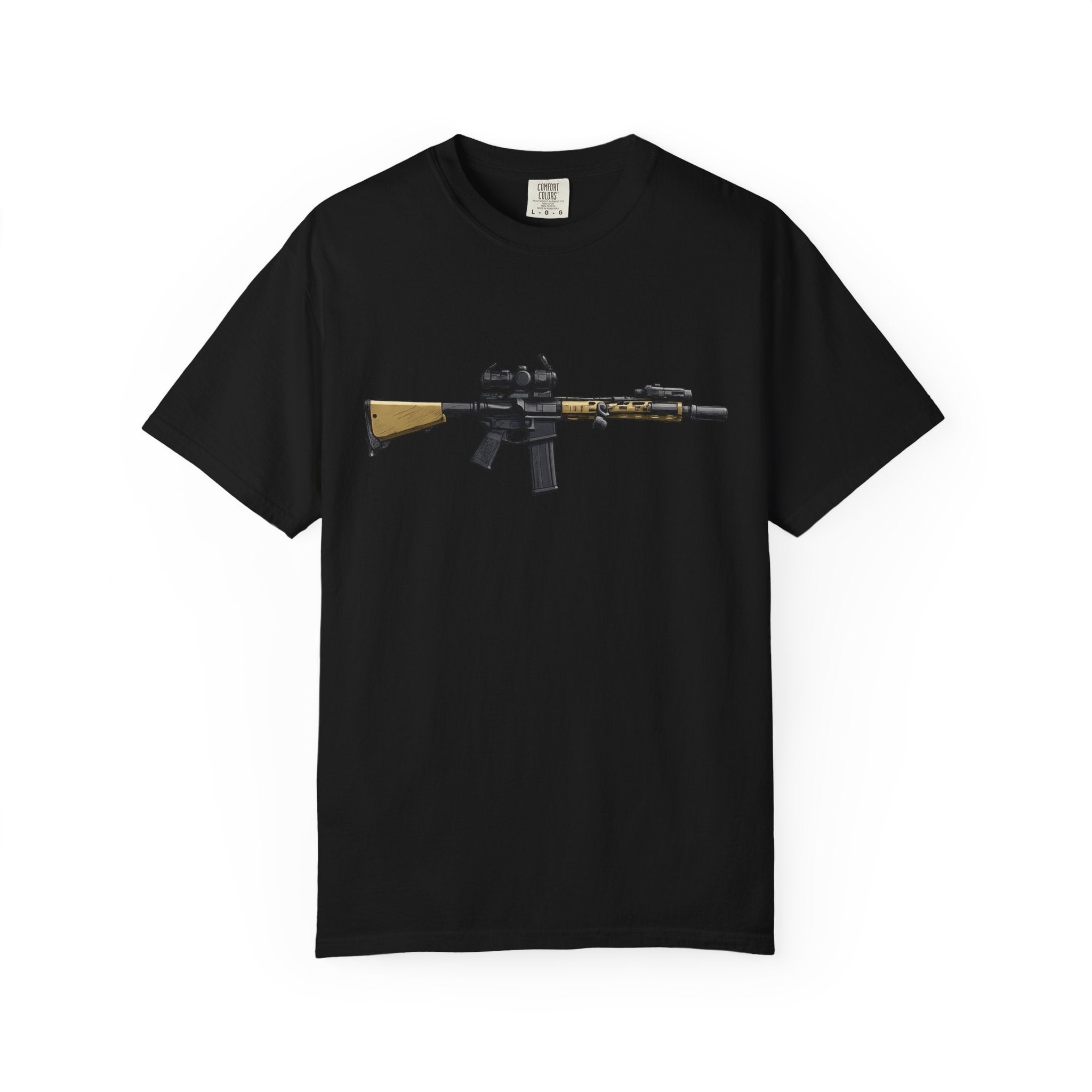 Rifle Lounge T-Shirt — Cozy Armchair & AR-Style Rifle Graphic