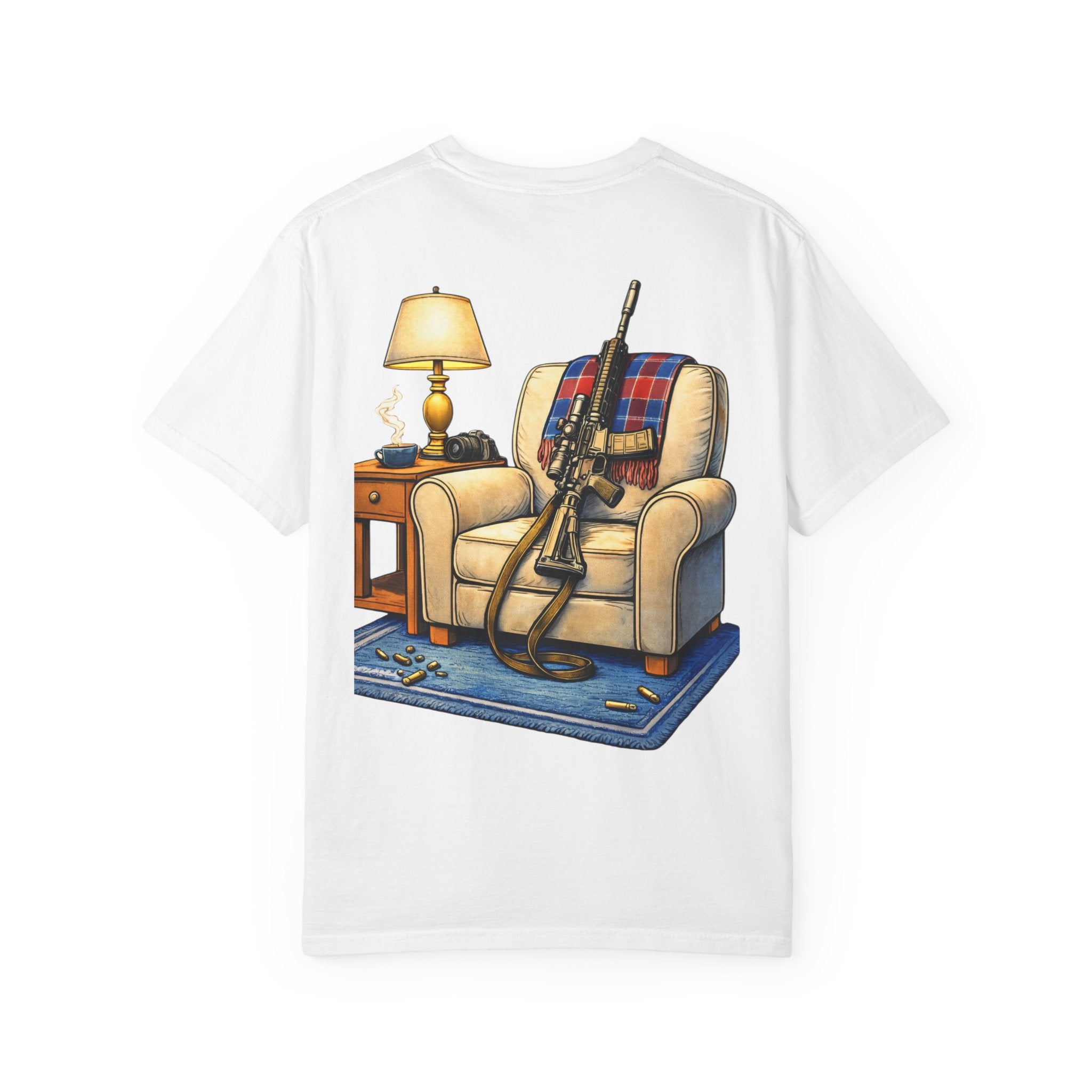 Rifle Lounge T-Shirt — Cozy Armchair & AR-Style Rifle Graphic