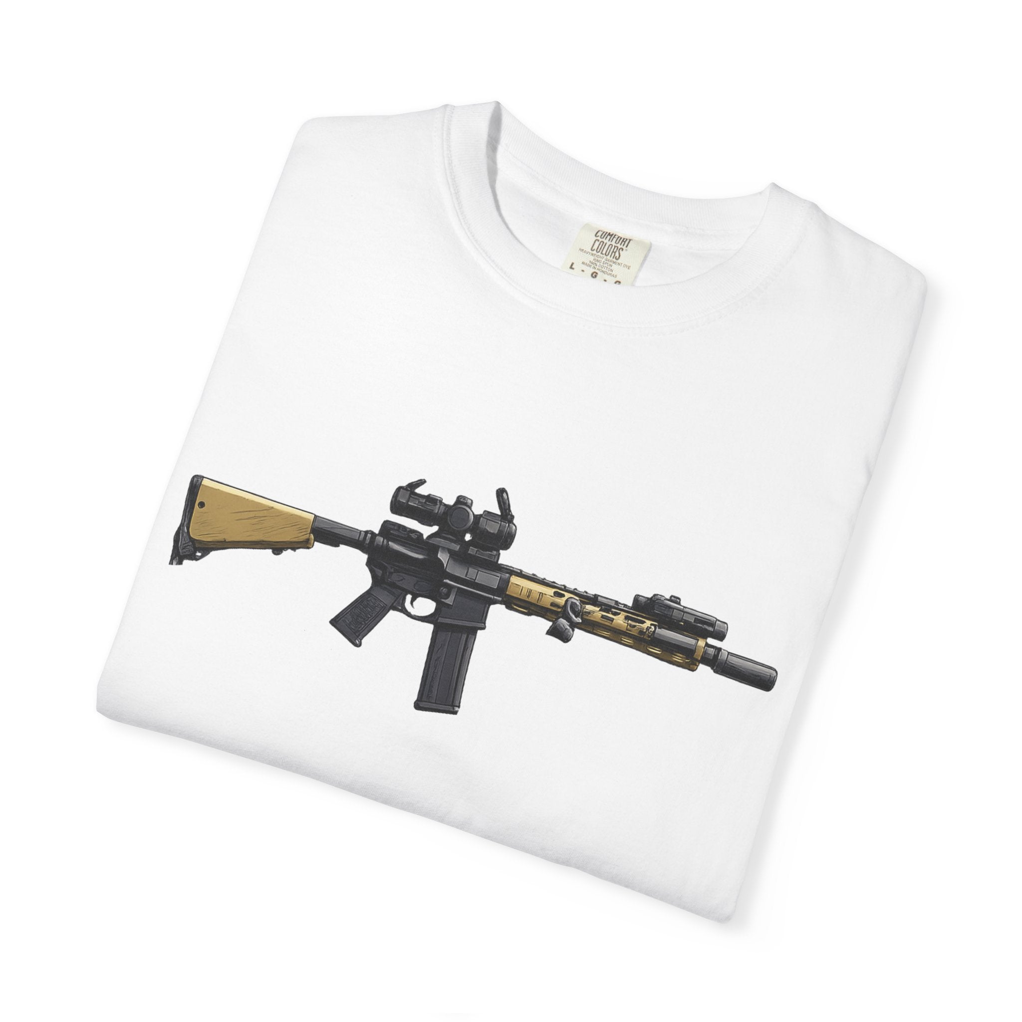 Rifle Lounge T-Shirt — Cozy Armchair & AR-Style Rifle Graphic