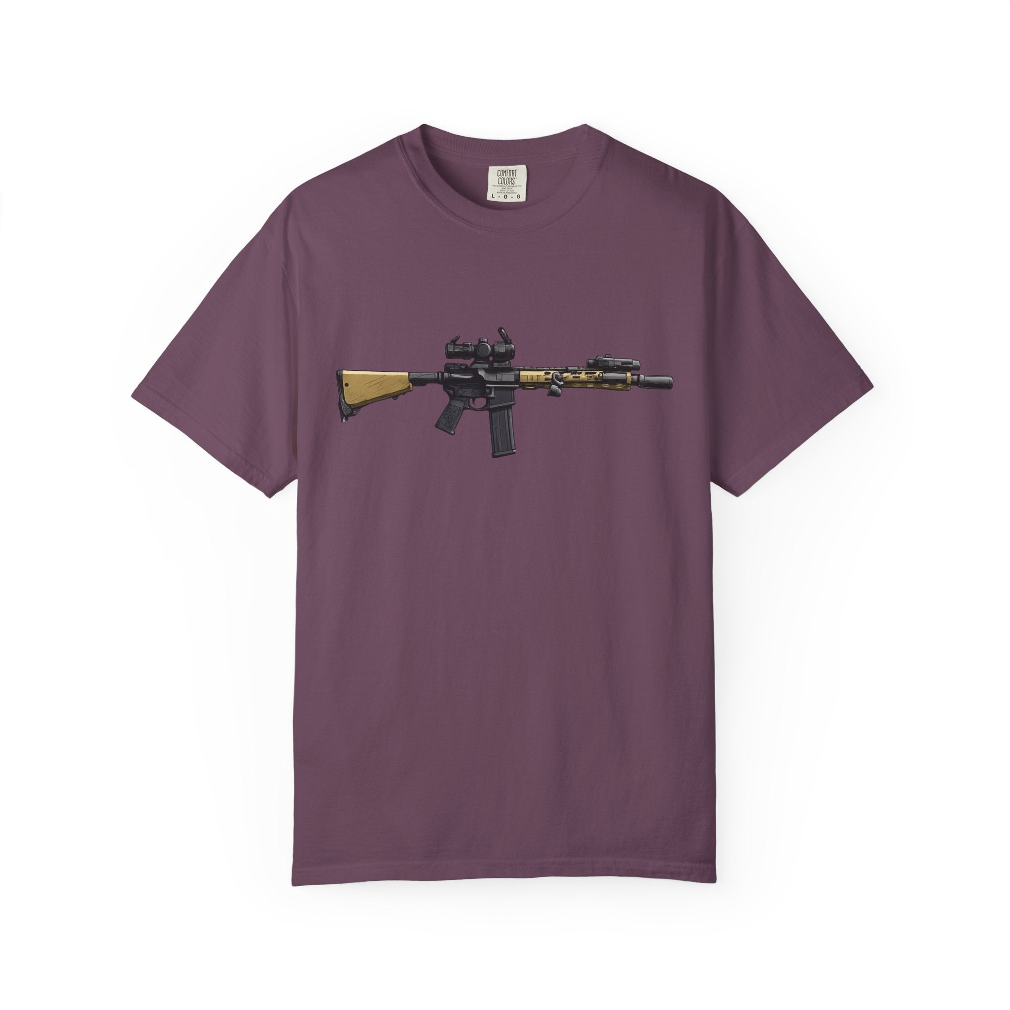 Rifle Lounge T-Shirt — Cozy Armchair & AR-Style Rifle Graphic