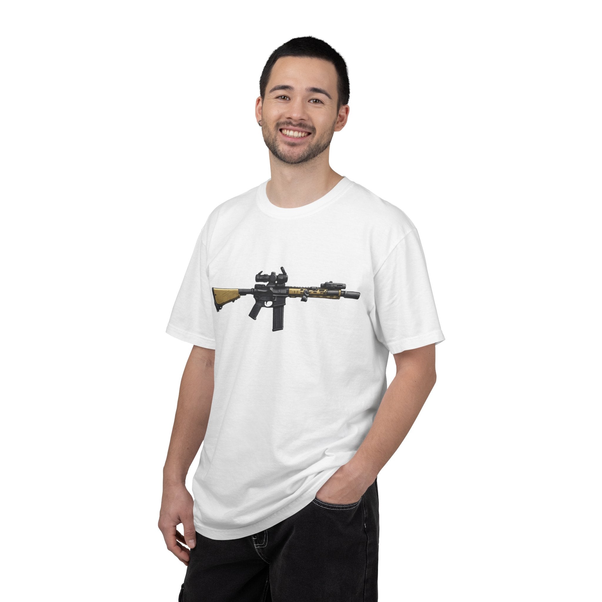 Rifle Lounge T-Shirt — Cozy Armchair & AR-Style Rifle Graphic