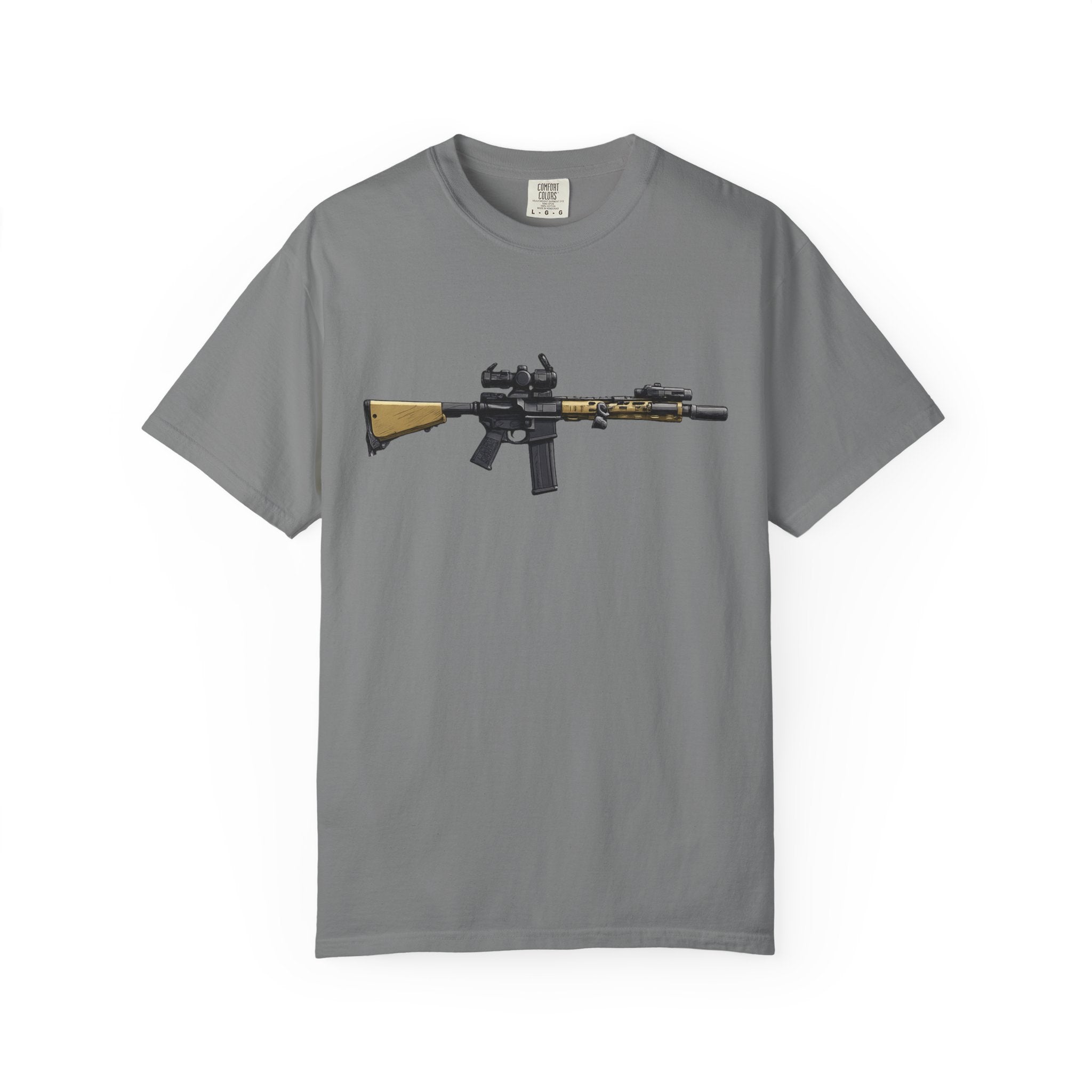 Rifle Lounge T-Shirt — Cozy Armchair & AR-Style Rifle Graphic