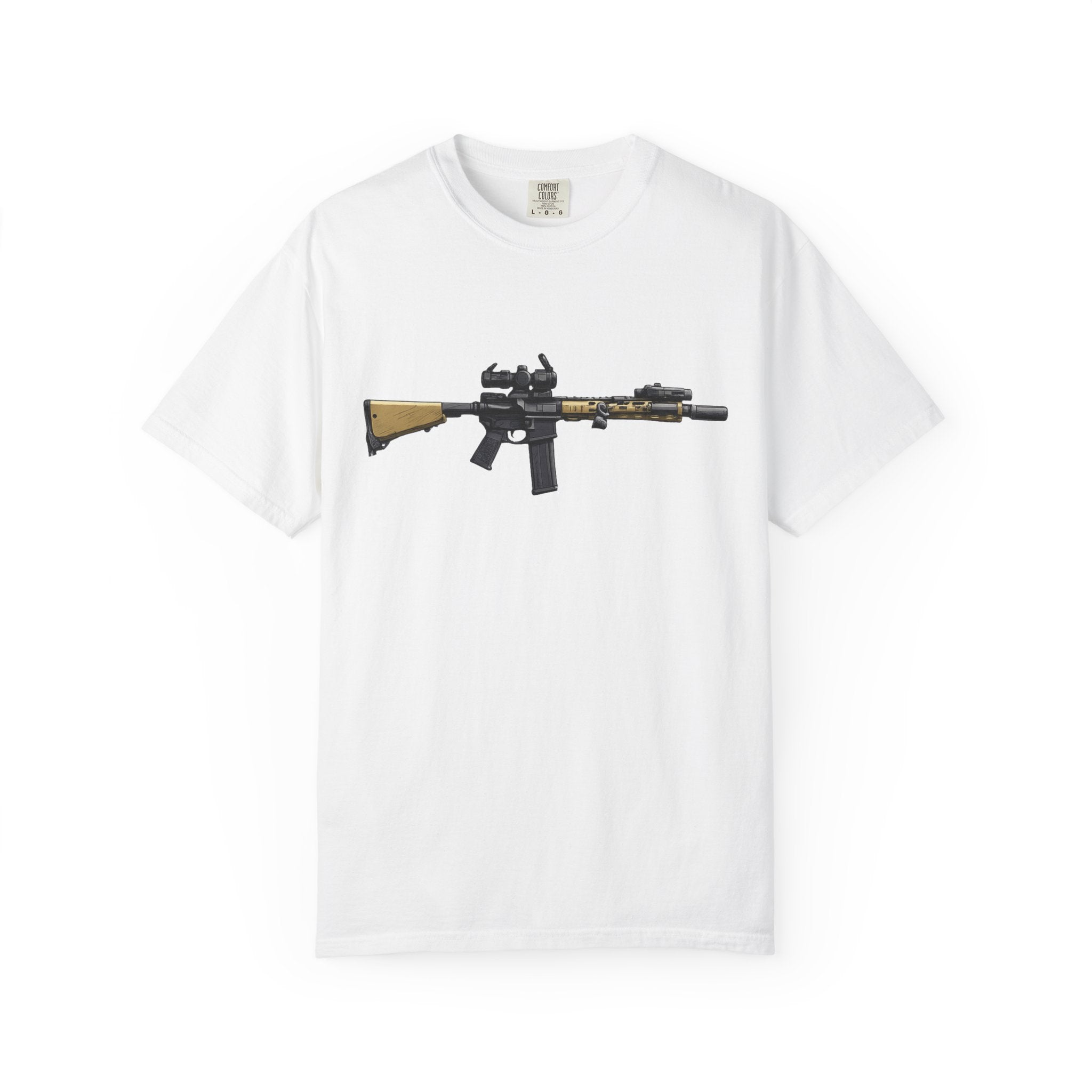 Rifle Lounge T-Shirt — Cozy Armchair & AR-Style Rifle Graphic