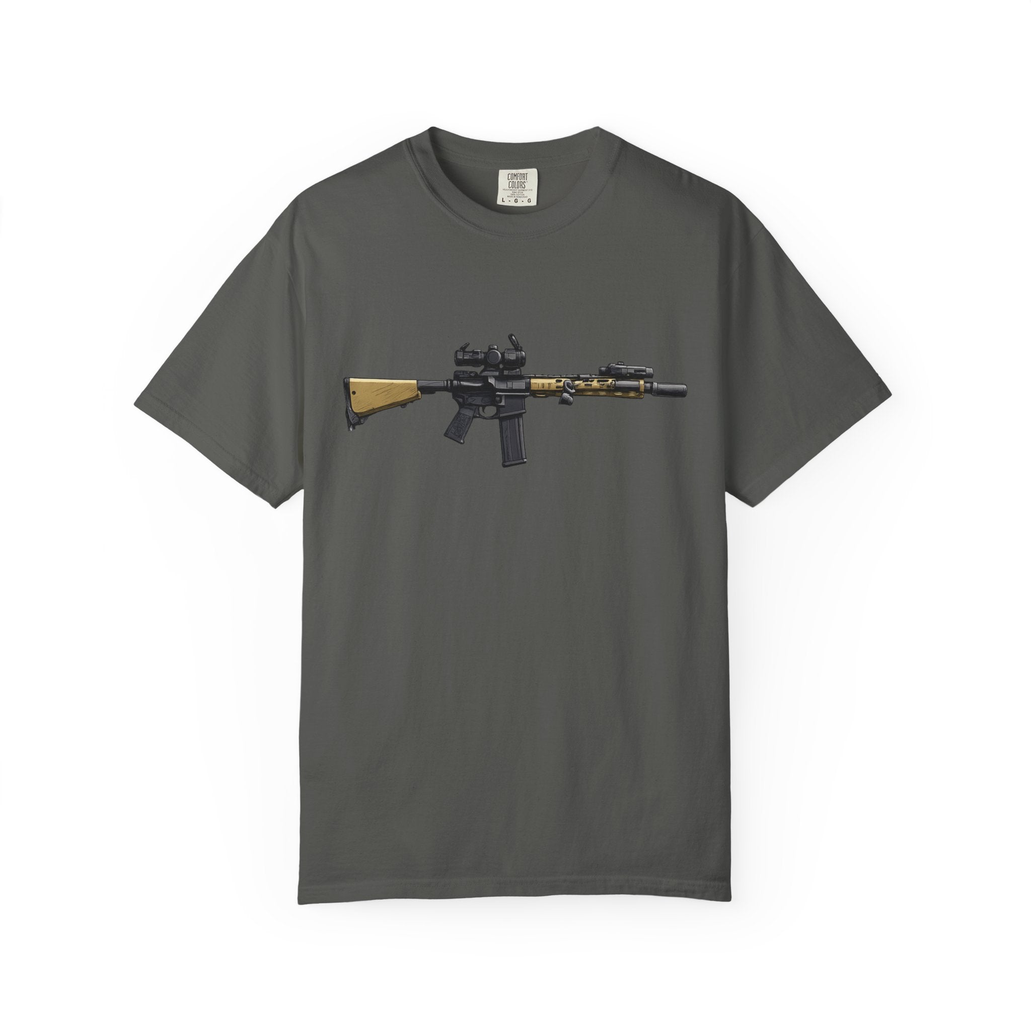 Rifle Lounge T-Shirt — Cozy Armchair & AR-Style Rifle Graphic