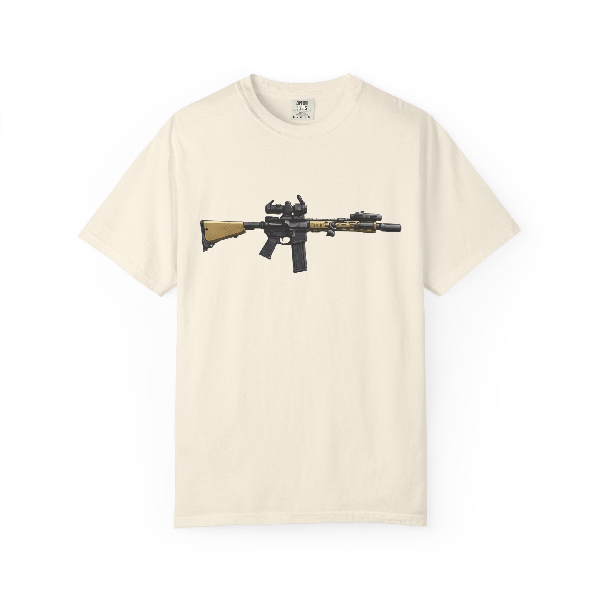Rifle Lounge T-Shirt — Cozy Armchair & AR-Style Rifle Graphic