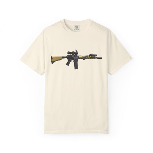 Rifle Lounge T-Shirt — Cozy Armchair & AR-Style Rifle Graphic