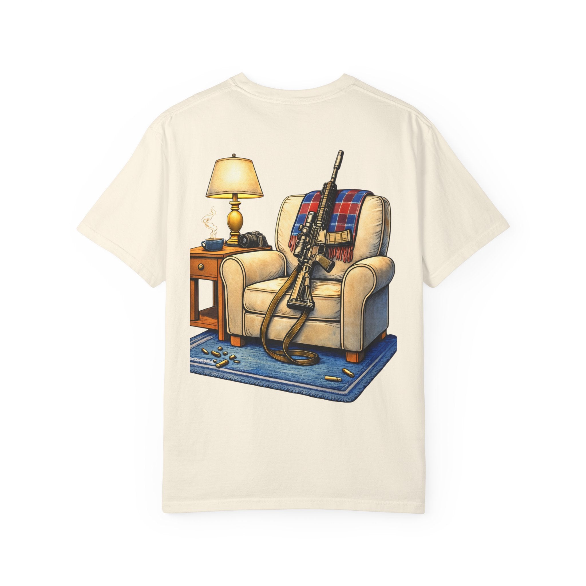 Rifle Lounge T-Shirt — Cozy Armchair & AR-Style Rifle Graphic